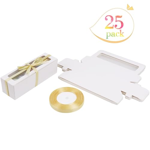 25 Pack Macaron Boxes for 5-7 Macarons Cookie Candy Strawberry Boxes Macaron Container Packaging Boxes with Ribbon for Gift Giving(White)