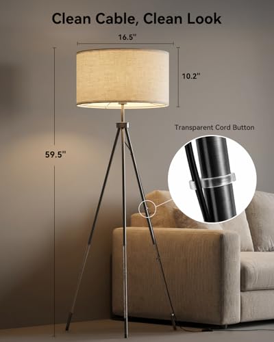 JOOFO Tripod Floor Lamp with Fabric Shade, Crystal-Style Acrylic & Metal Pole Design, Stepless Dimmable Standing Floor Lamp with Remote Control, Mid-Century Style for Living Room Bedroom,Satin Nickel