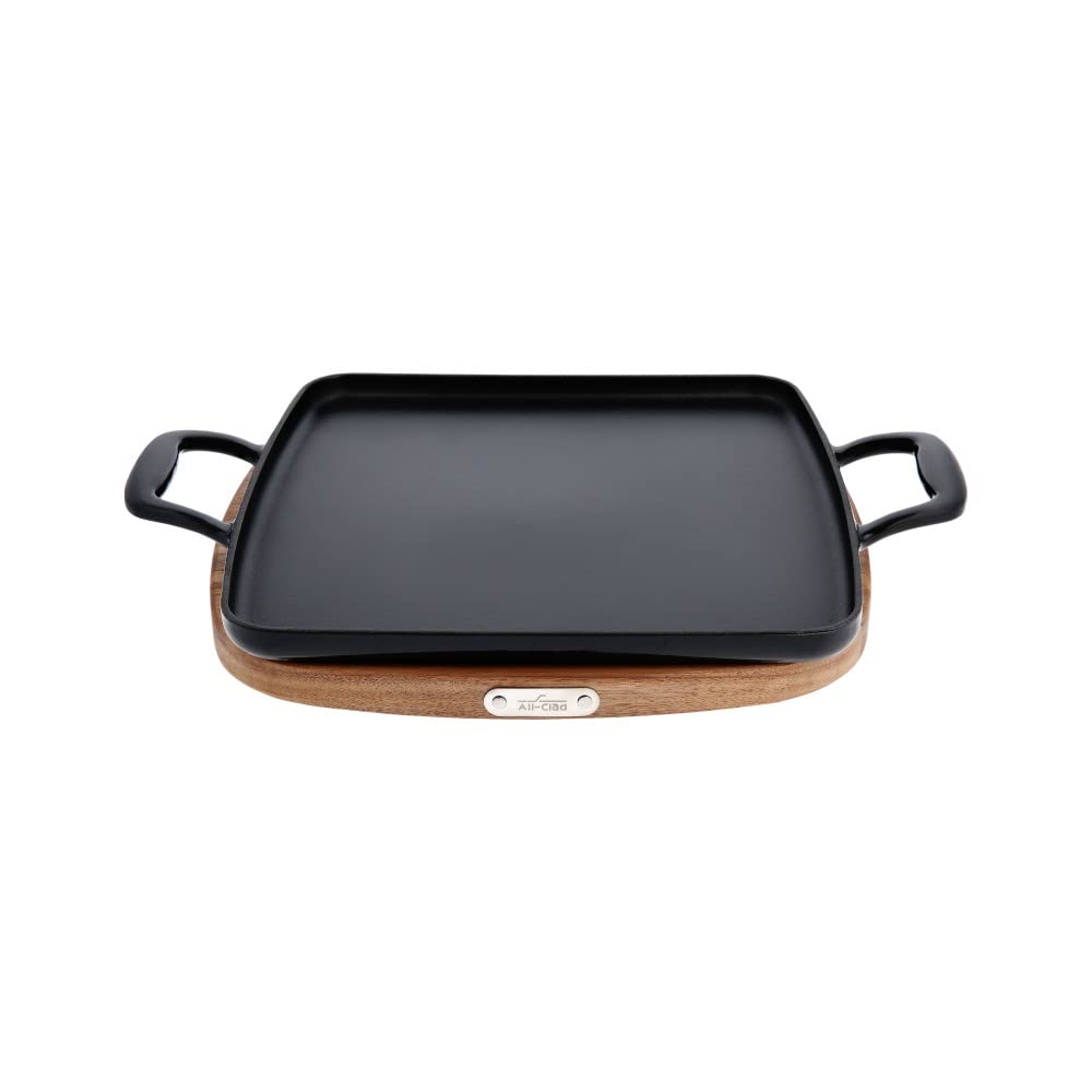 All-Clad Cast Iron Enameled Square Grill with Acacia Trivet 11 Inch Induction Oven Broiler Safe 650F Pots and Pans, Cookware Black