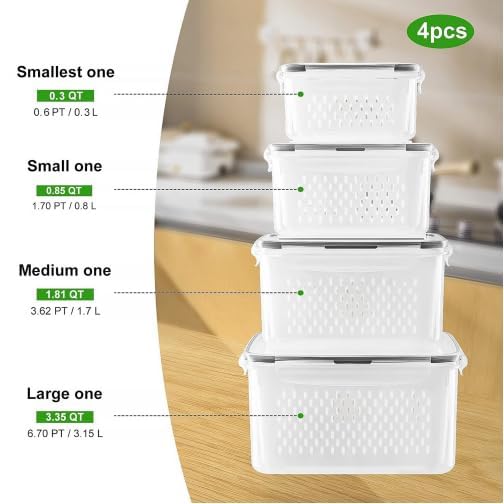 4 PCS Fruit storage Containers for Fridge with Removable Colander and Chopper Set, Leakproof Food Storage Containers with lids, Dishwasher & Microwave Safe Produce Containers to Keep Fruits Fresh ﻿