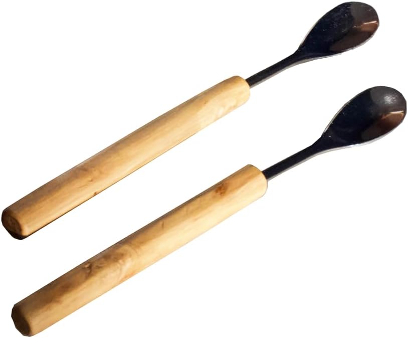 2 Coffee Spoons Set, Made from Coffeewood Handcrafted and sealed with beeswax, Long Handle Coffee Spoon, Stainless Steel with wooden handle Mixing Spoon Handmade