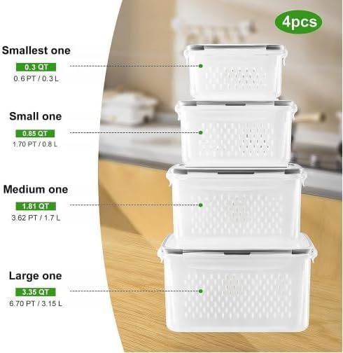 4 PCS Fruit storage Containers for Fridge with Removable Colander and Chopper Set, Leakproof Food Storage Containers with lids, Dishwasher & Microwave Safe Produce Containers to Keep Fruits Fresh ﻿