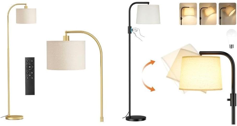Ambimall Black Floor Lamp and Gold Floor Lamp with Dimmable Bulb, Rotating Head, Beige Lampshade
