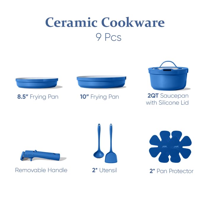 CAROTE 9pcs Pots and Pans Set,Ceramic Cookware Sets Non Stick with Detachable Handle, Induction Kitchen Pots and Pans,RV Cooking Set, Oven/Dishwasher/Fridge Safe, Malta Blue
