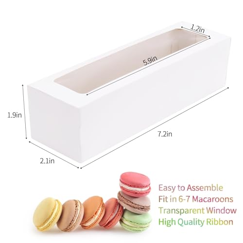 25 Pack Macaron Boxes for 5-7 Macarons Cookie Candy Strawberry Boxes Macaron Container Packaging Boxes with Ribbon for Gift Giving(White)