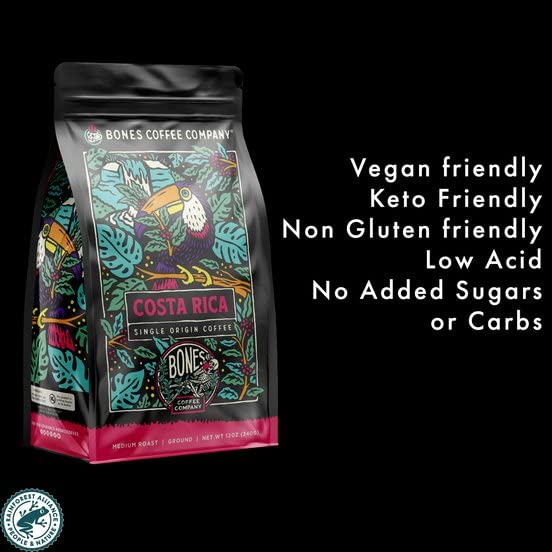Bones Coffee Company Ethiopia Single-Origin, Citrus, Floral and Berries Notes, Whole Coffee Beans, Low Acid Medium Roast Arabica Beans Flavored Coffee, 12 oz Whole Bean