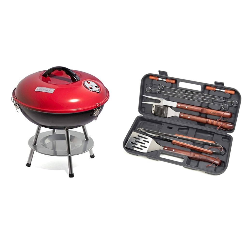 Cuisinart 14" Portable Charcoal Grill, Tabletop Outdoor Small Grill with Locking Lid and Dual Vents, Chrome Plated Travel Size BBQ Perfect for Camping, Tailgates, Cookouts, Red
