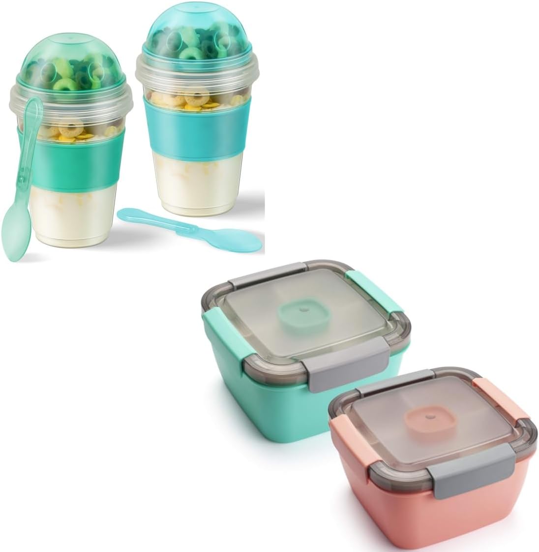 Freshmage 2Pack Salad Lunch Containers To Go and 2 Pack 20 oz Reusable Overnight Oats Containers with Lids