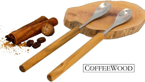 2 Coffee Spoons Set, Made from Coffeewood Handcrafted and sealed with beeswax, Long Handle Coffee Spoon, Stainless Steel with wooden handle Mixing Spoon Handmade