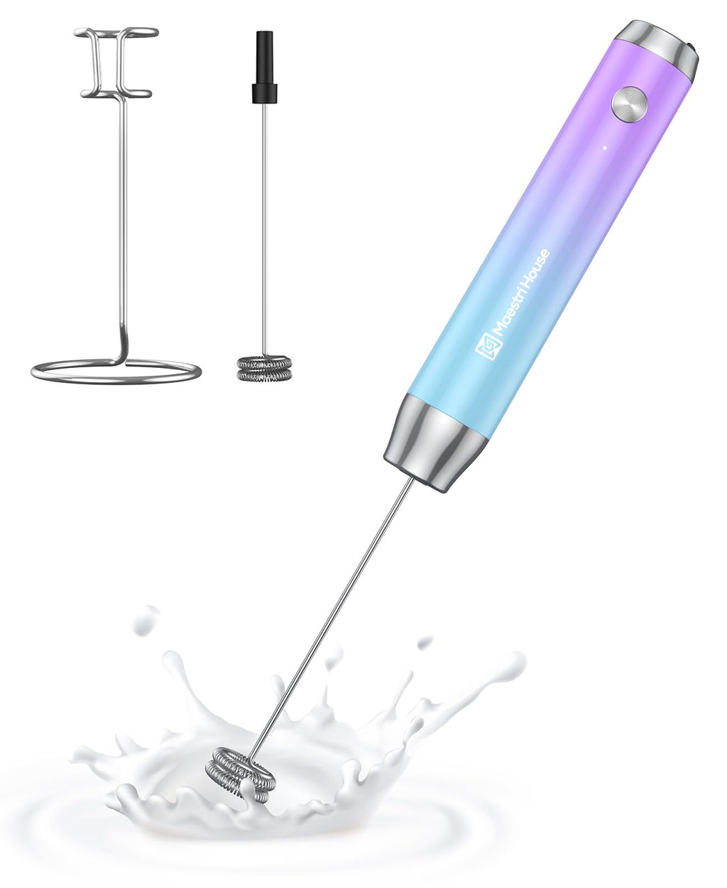 Maestri House Rechargeable Milk Frother with Stand, LunaFro Handheld Electric Foam Maker Waterproof Detachable Stainless Steel Whisk Drink Mixer Foamer for Lattes, Cappuccino