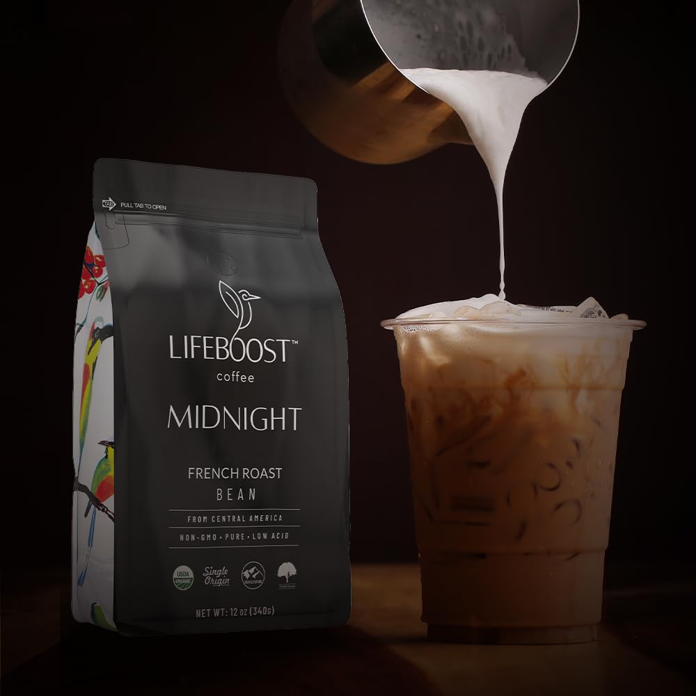 Lifeboost Midnight French Roast Coffee Beans - Single Origin Non-GMO USDA Organic Low Acid French Roast Coffee - Third Party Tested For Mycotoxins & Pesticides - 12 Ounces