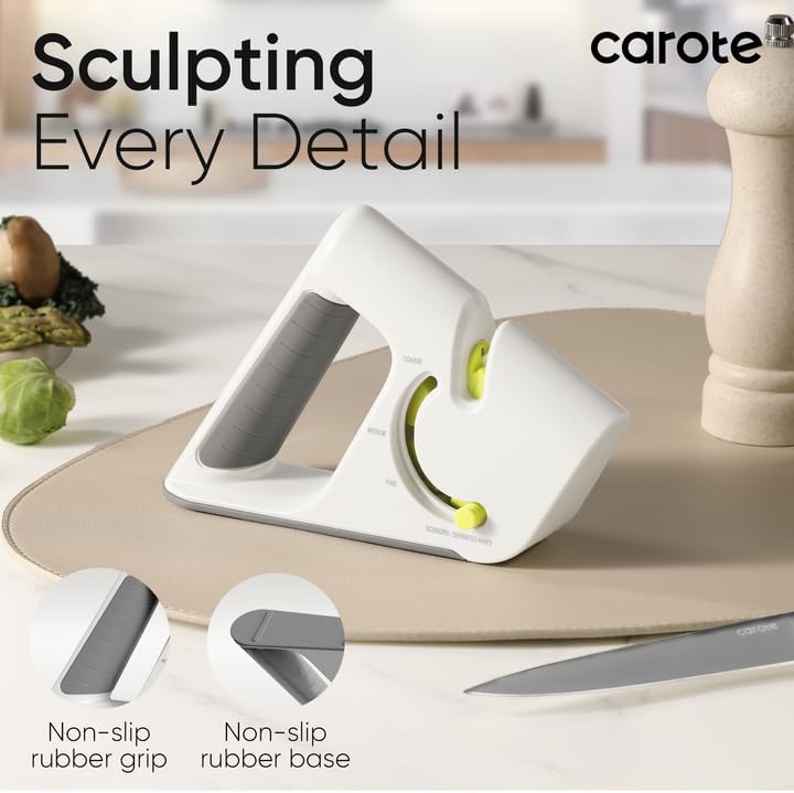 CAROTE 4-in-1 Knife Sharpener for Kitchen Knives Pocket Knife Sharpener Helps Repair, Restore,Polishe Blades, Safe & Easy to Use with Non-Slip Base and Grip Light Grey