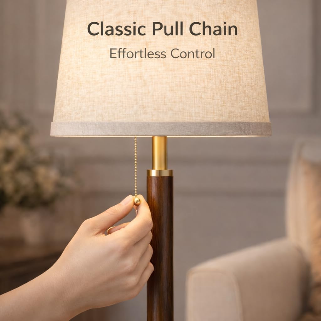 JOOFO LED Table Lamp with Pull Chain, Bedside Lamp with 3 Color Temperatures, Modern Wood Pole Table Lamp for Bedroom, Living Room, Office