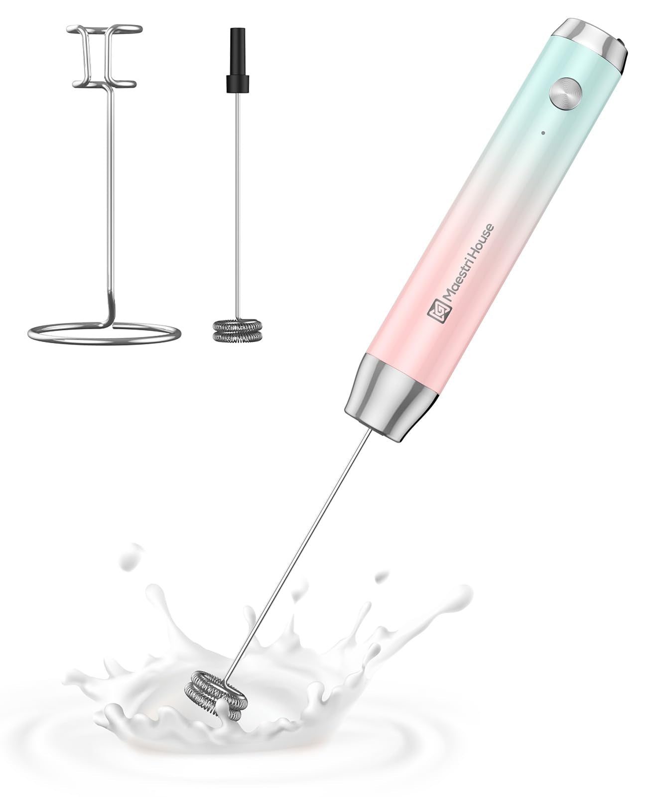 Maestri House Rechargeable Milk Frother with Stand, LunaFro Handheld Electric Foam Maker Waterproof Detachable Stainless Steel Whisk Drink Mixer Foamer for Lattes, Cappuccino