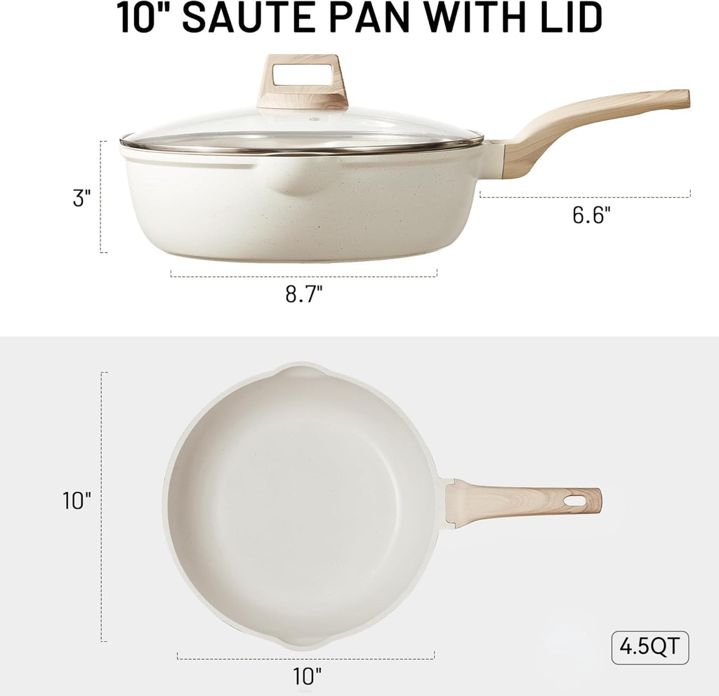 CAROTE 12Inch Nonstick Deep Frying Pan with Lid, 5.5 Qt Jumbo Cooker Saute Pan with Pour Spout, Skillet Induction Cookware, Non Stick Cooking Pan Kitchen Pan PFOA Free, White Granite