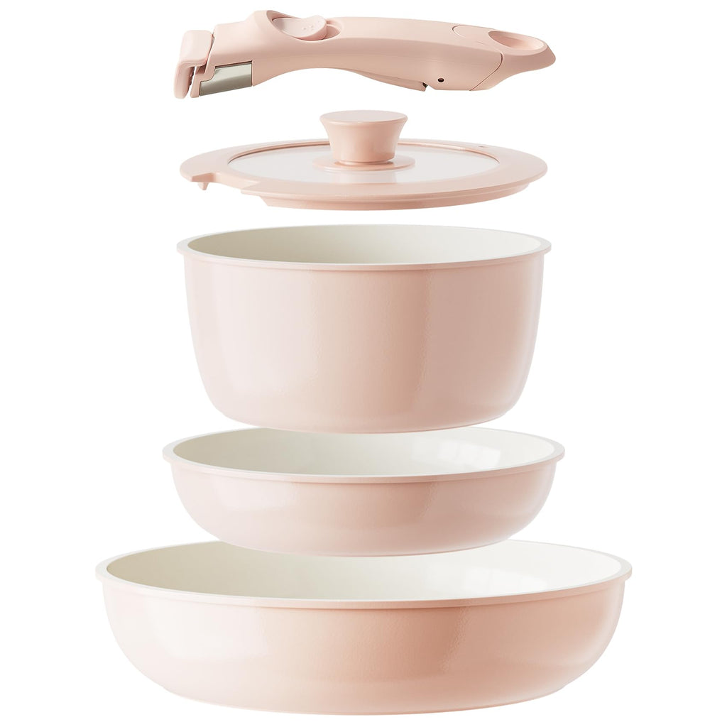 Redchef Ceramic Pots and Pans Set Non Stick, Nonstick Kitchen Cookware Sets, Non Toxic Pots and Pans Set Non Stick, PFAS PFOA & PTFE Free, Detachable Handle Pots and Pans 5 Piece, RV Cookware