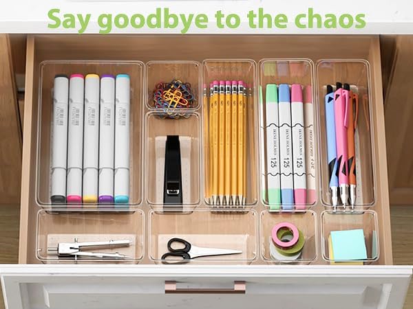 12 Piece Clear Drawer Organizer Set, 3 Sizes Bathroom Vanity Organizer Trays and Storage Bins for Makeup, Cosmetics, Jewelry, and Gadgets. Perfect for Office, Kitchen, Bedroom, Bathroom Use.
