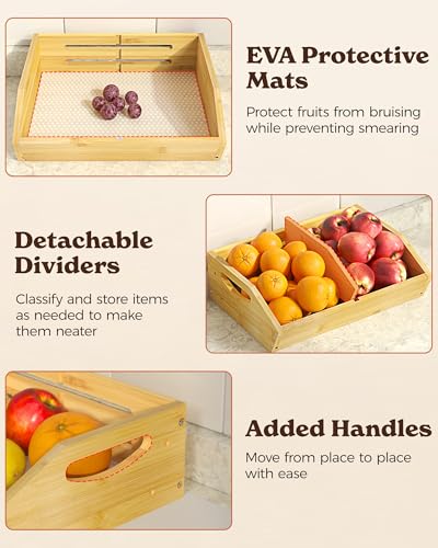3 Tier Large Bamboo Fruit Basket for Kitchen Counter with 2 Banana Holders, Kitchen Countertop Organizer with Protective Mats, Tiered Fruit Bowl for Bread Snack Veggies with Dividers