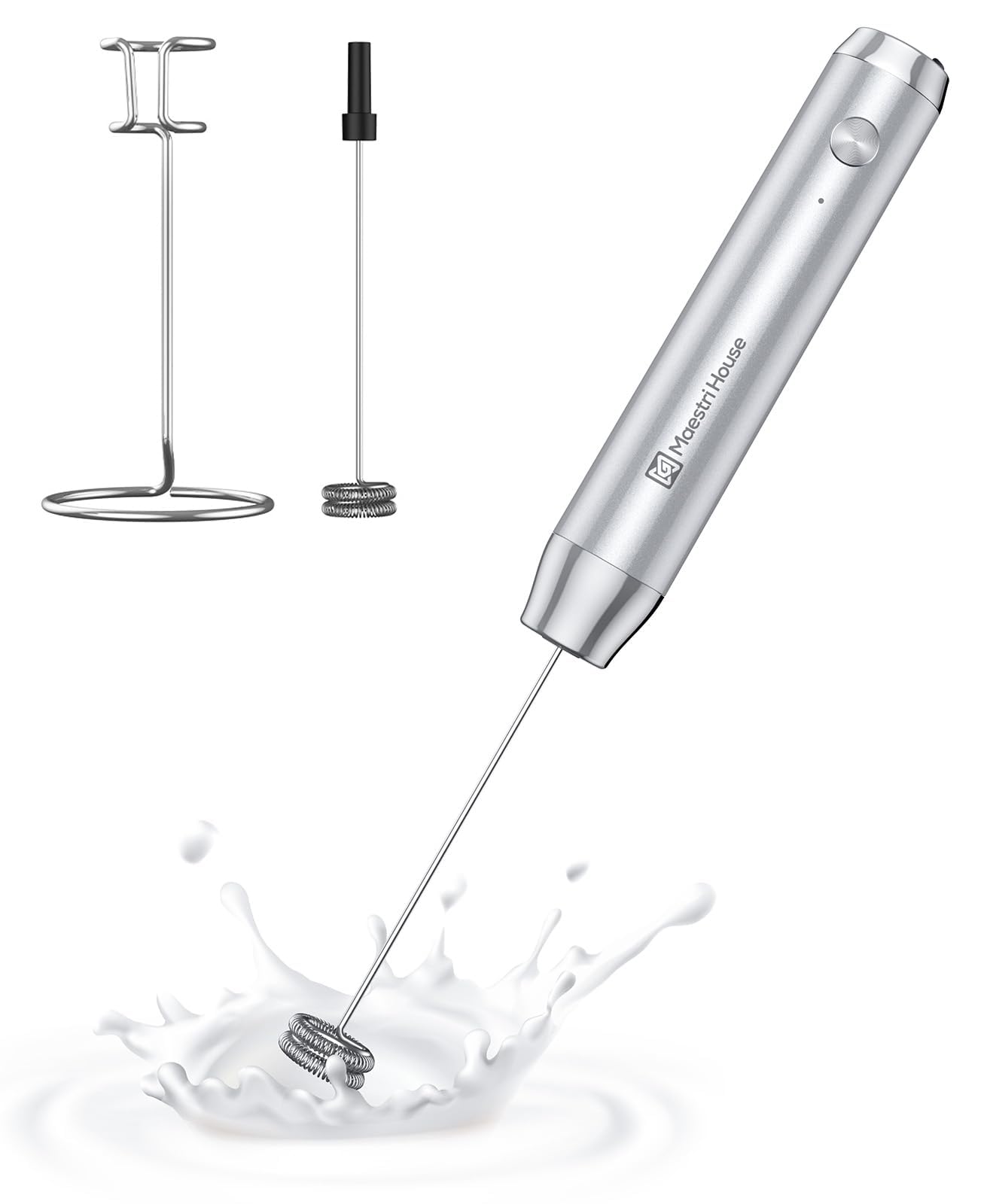 Maestri House Rechargeable Milk Frother with Stand, LunaFro Handheld Electric Foam Maker Waterproof Detachable Stainless Steel Whisk Drink Mixer Foamer for Lattes, Cappuccino