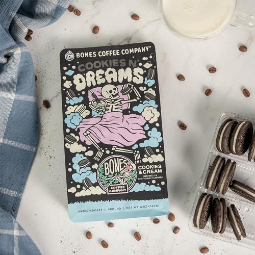 Bones Coffee Company Salty Siren, Sea Salted Caramel Chocolate Flavored Coffee, Medium Roast Low Acid Arabica Beans Compatible with Auto drip and French Press Coffee Maker, 12 Oz Whole Bean