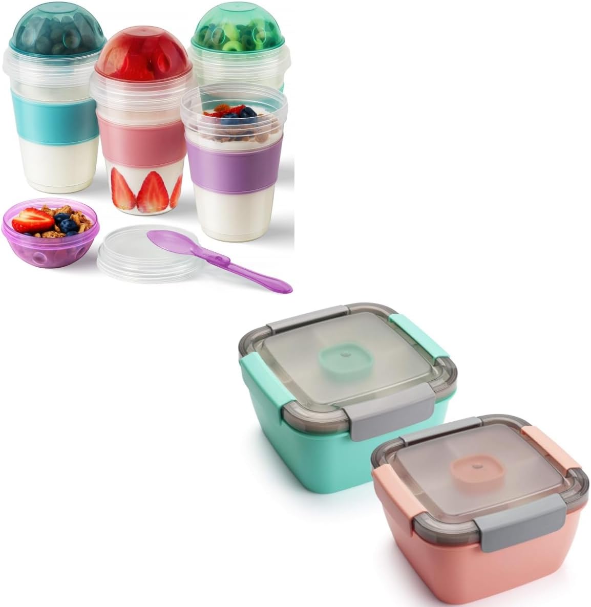 Freshmage 2 Pack 52-oz Salad Lunch Containers and 4 Pack 20 oz Yogurt Parfait Cups with Lids