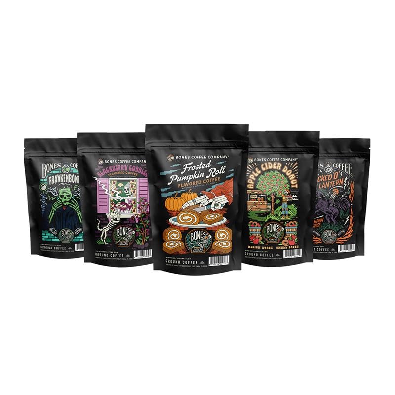Bones Coffee Company NEW Favorite Flavors Sample Pack, Assorted Flavored Coffee Low Acid Medium Roast Arabica Beans Specialty Coffee Gifts, Auto Drip and French Press Compatible, 4 oz Pack of 5 Ground