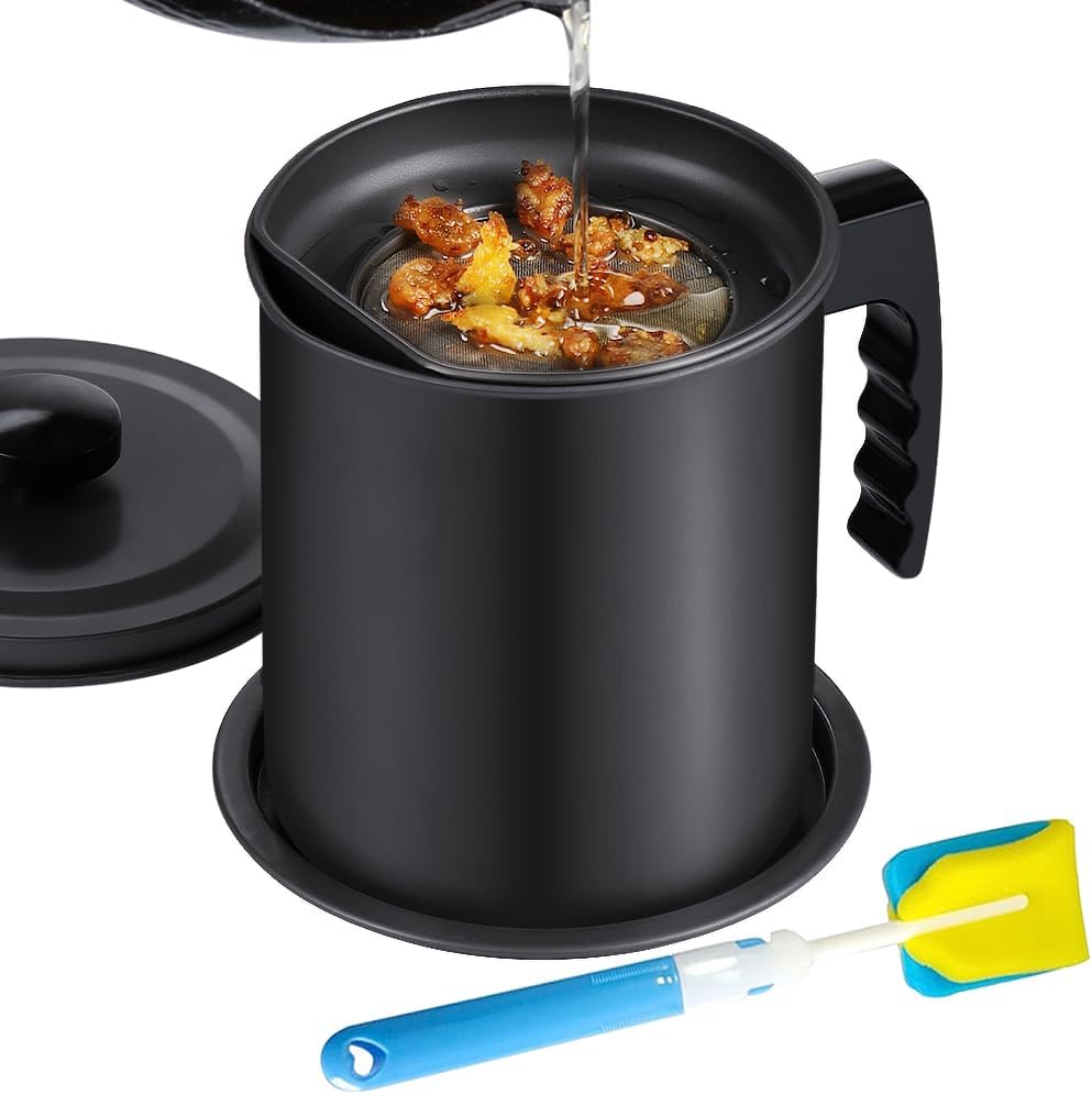 KEOUKE Bacon Grease Container with Strainer - 1.3L / 5.2 Cups Oil Storage Holder Can for Cooking, Frying with Replaceable Cleaning Brush