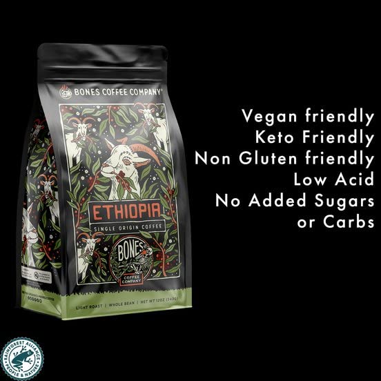 Bones Coffee Company Ethiopia Single-Origin, Citrus, Floral and Berries Notes, Whole Coffee Beans, Low Acid Medium Roast Arabica Beans Flavored Coffee, 12 oz Whole Bean