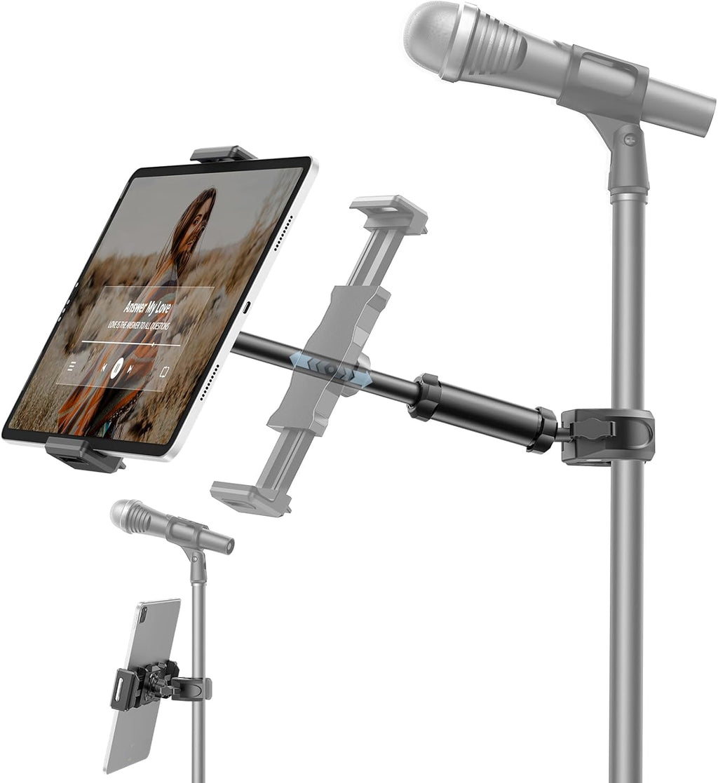 KDD iPad Holder for Mic Stand, Adjustable Tablet & Phone Mount for Microphone Music Stand, Fitness Bike Handlebar Bracket, Fit for iPad Pro 12.9, Air, Mini, Galaxy Tabs, iPhone(4.7-13”)