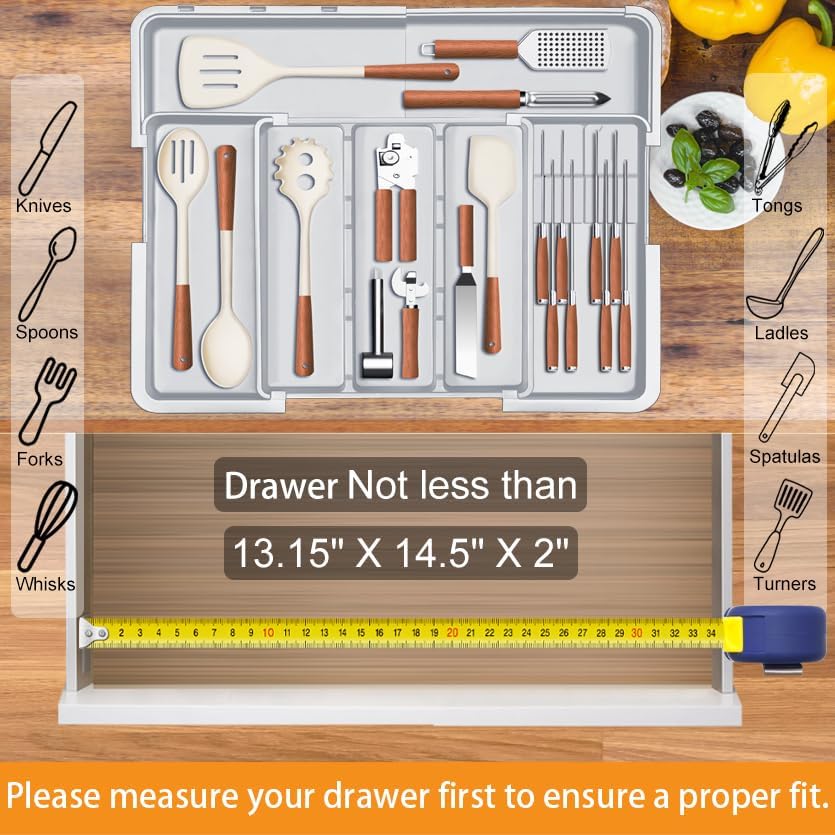 Homecor Silverware Organizer - Expandable Large Kitchen Drawer Organizer Utensil Organizer with 2 Removable Knife Blocks & 2 PACK Acrylic Straw Holder for Cabinet Door