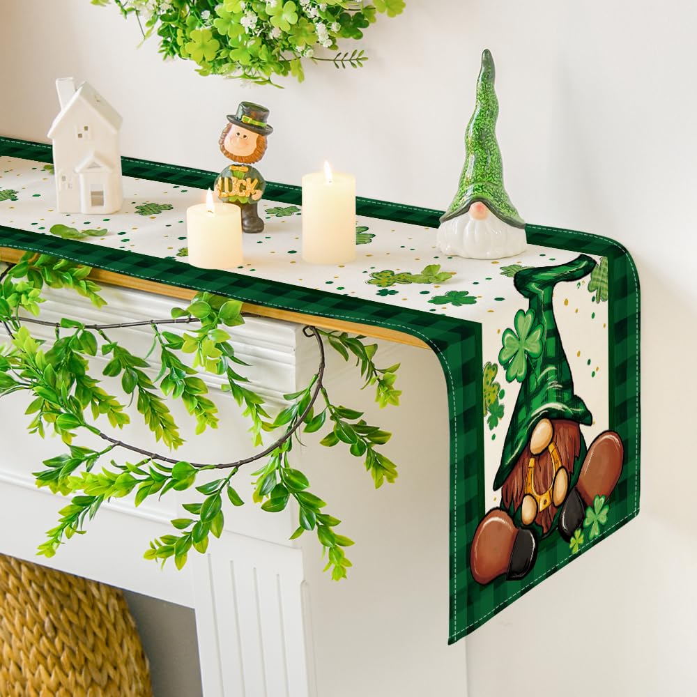 Artoid Mode Buffalo Plaid Shamrock Gnome St. Patrick's Day Table Runner, Seasonal Spring Holiday Kitchen Dining Table Decoration for Indoor Outdoor Home Party Decor 13 x 72 Inch