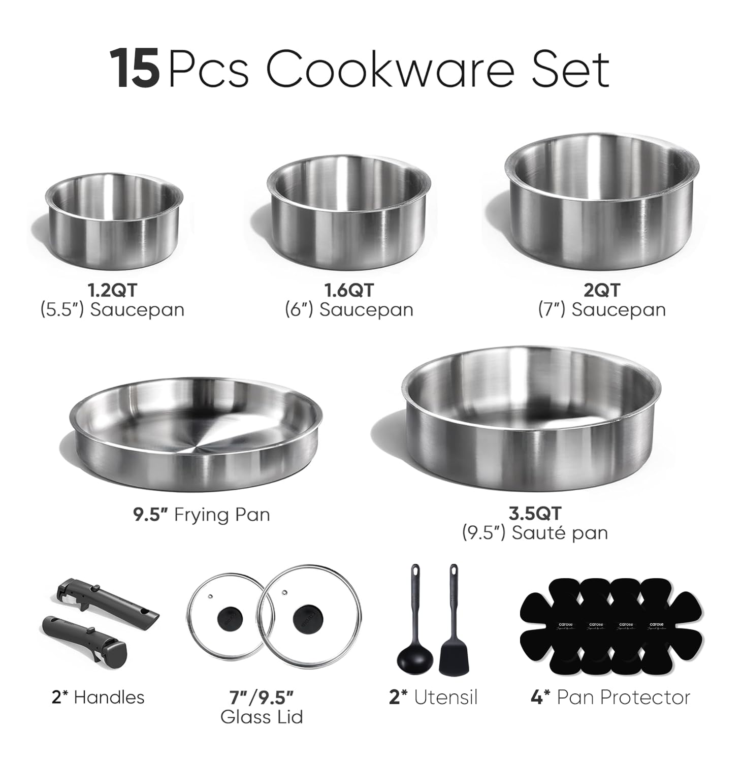CAROTE Pots and Pans Set, Stainless Steel Cookware Set Detachable Handle, 15pcs Induction Kitchen Cookware Sets with Removable Handle, RV Cookware Set, Oven Safe