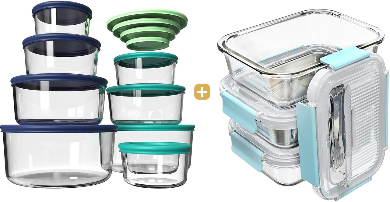 8 pack Glass Food Storage Containers with Simply Lid & 3 pack Glass Food Storage Containers with Locking Lids - Bento Box Glass Lunch Containers