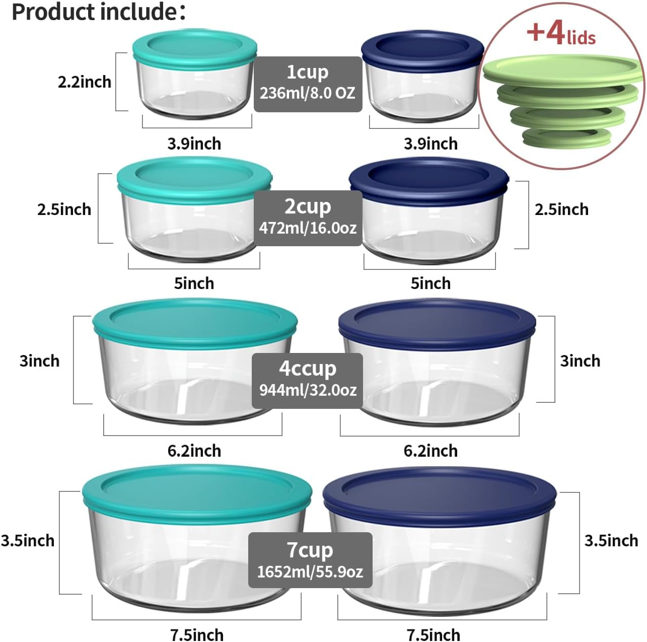 Glass Food Storage Containers with Lids, Glass Meal Prep Containers for Lunch, ８Pack Reusable Round Container Set with Simply Lid/BPA-free / 7-Cup, 4-Cup, 2-Cup & 1-Cup