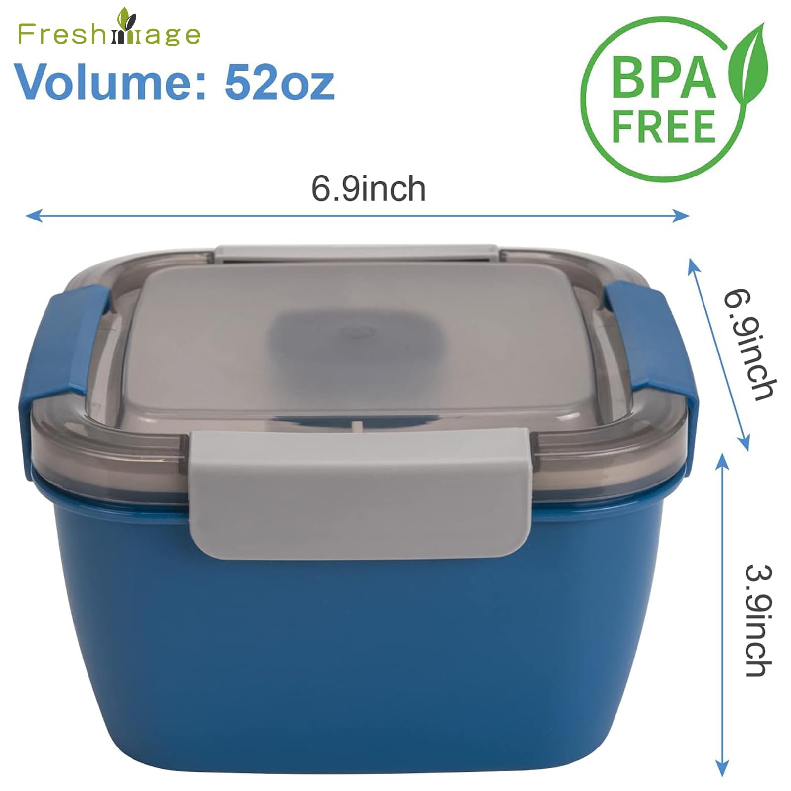 Freshmage Salad Lunch Container To Go, 52-oz Salad Bowls with 3 Compartments, Salad Dressings Container for Salad Toppings, Snacks, Men, Women (Blue)