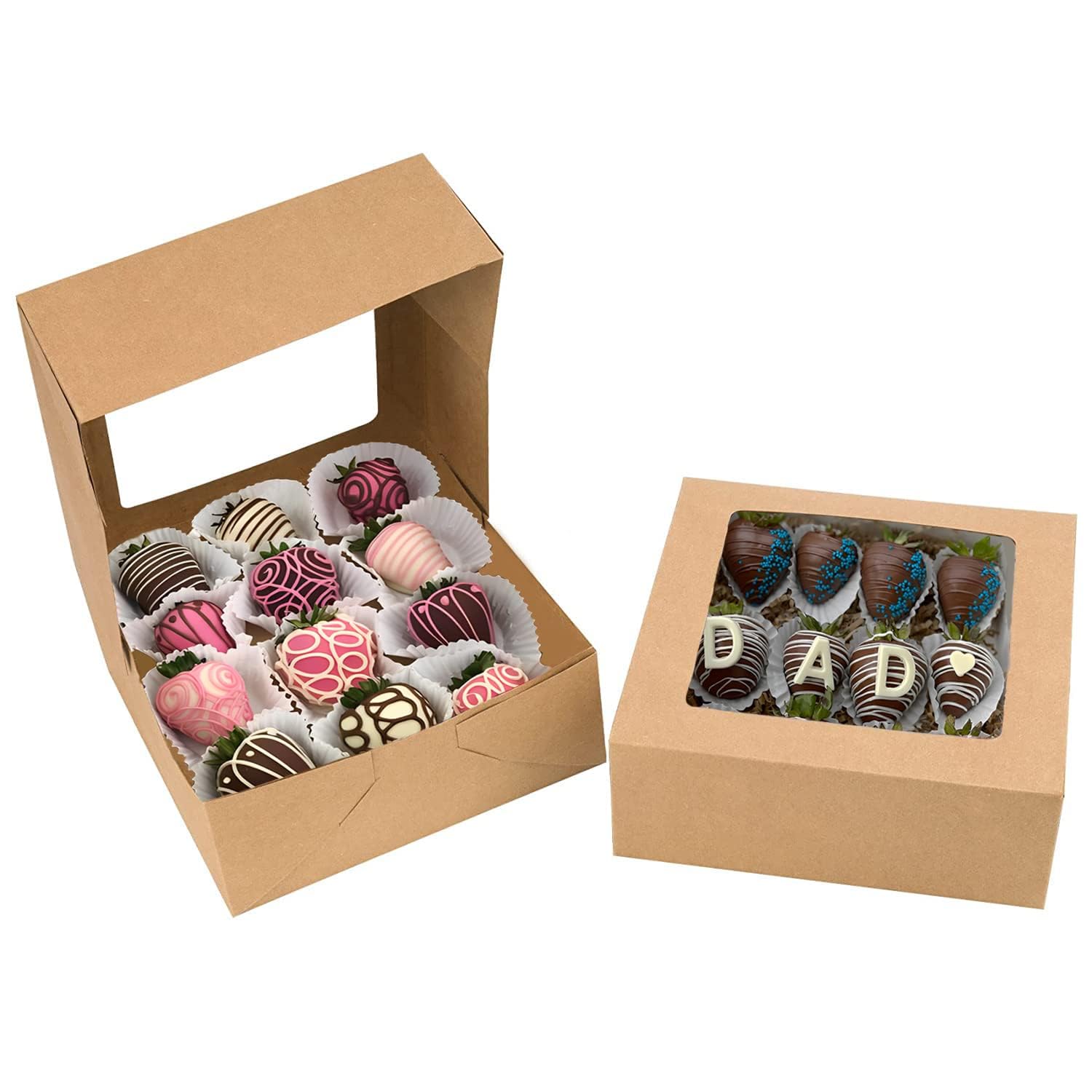 8x8x3 inch Kraft Cookie Boxes Candy Boxes with Window for Chocolate Covered Strawberry Macaron Donut Breakable Heart Baked Goods, Gift Treat Boxes Charcuterie Box(30 Pack,Brown)