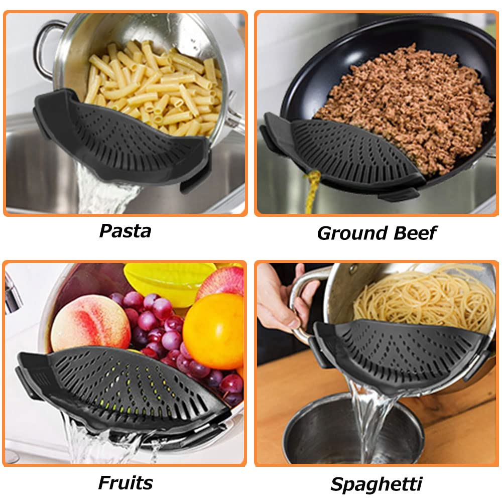 YEVIOR Clip on Strainer for Pots Pan Pasta,Silicone Food Pan Strainer | Food-grade BPA-free,Kitchen Food Strainer for Spaghetti, Pasta,Vegetable Fruits Fits All Bowls and Pots (Green)