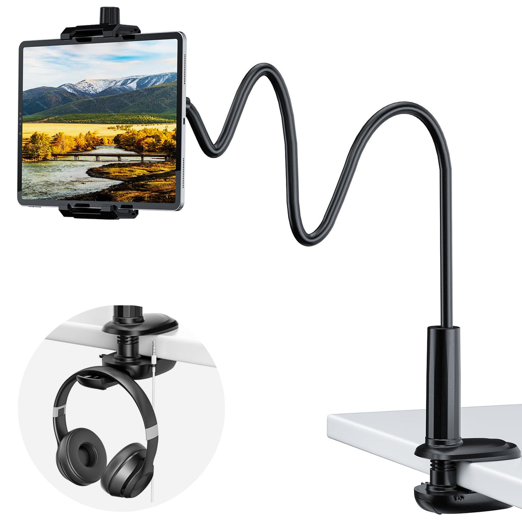 KDD Gooseneck Tablet Stand, 360° Adjustable Phone & iPad Holder for Bed and Desk, Flexible Arm Mount Clip for Video Recording, Bedside & Headboard Clamp for iPad Pro 12.9, Mini, Kindle