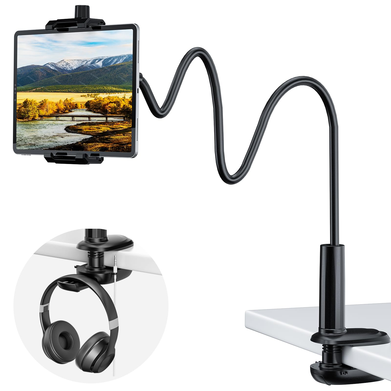 KDD Gooseneck Tablet Stand, 360° Adjustable Phone & iPad Holder for Bed and Desk, Flexible Arm Mount Clip for Video Recording, Bedside & Headboard Clamp for iPad Pro 12.9, Mini, Kindle