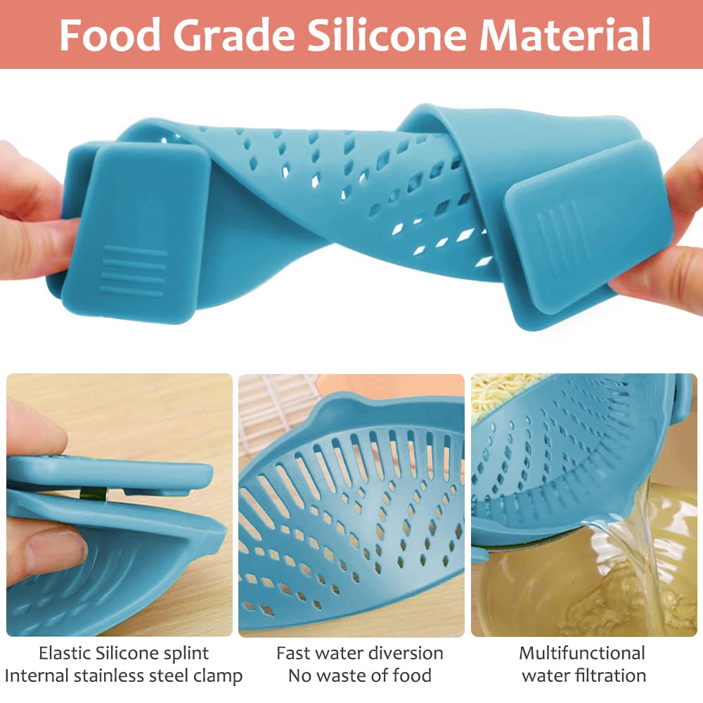 YEVIOR Clip on Strainer for Pots Pan Pasta,Silicone Food Pan Strainer | Food-grade BPA-free,Kitchen Food Strainer for Spaghetti, Pasta,Vegetable Fruits Fits All Bowls and Pots (Green)