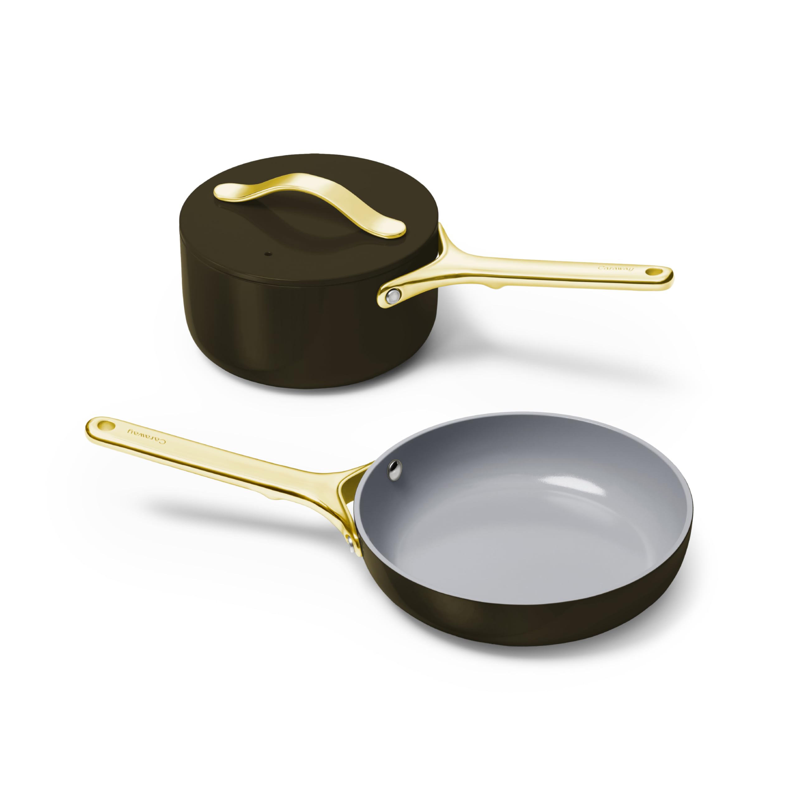 Caraway Mini Cookware Set - Non-Stick Ceramic Fry Pan (1.05 qt, 8") Sauce Pan (1.75 qt) & Storage Rack - Non Toxic, PTFE & PFOA Free - Oven Safe & Stovetop Agnostic (Gas, Electric & Induction) - Cream