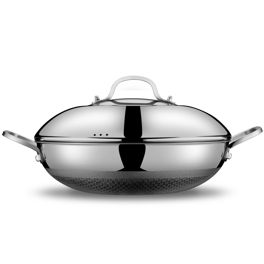 SNOWCLAD Wok, 13 Inch Hybrid Woks & Stir-fry Pans Nonstick, Non Toxic Stainless Steel Wok Pan with Lid, Dishwasher Induction Oven Broiler Safe, PFOA Free Cookware Non Stick