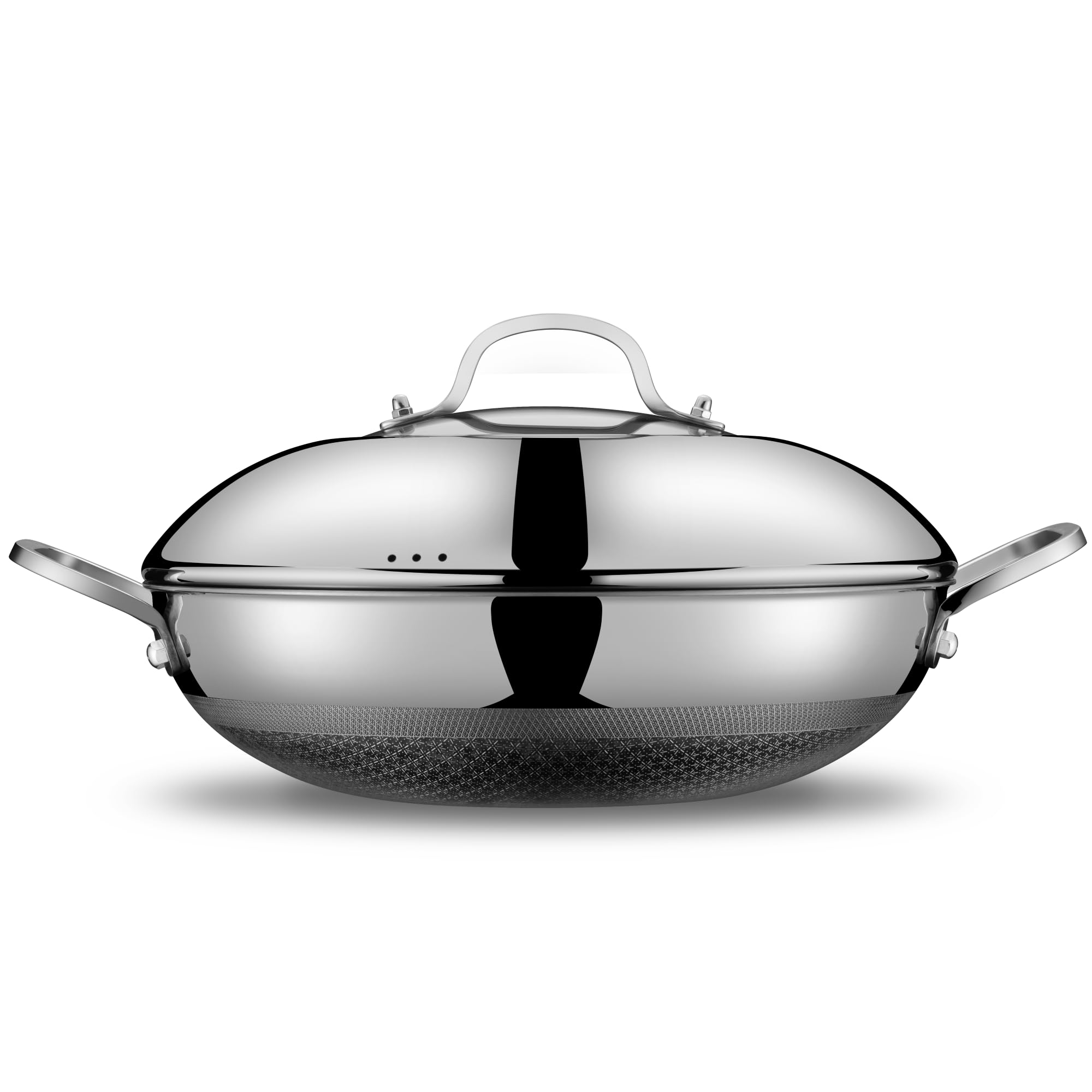 SNOWCLAD Wok, 13 Inch Hybrid Woks & Stir-fry Pans Nonstick, Non Toxic Stainless Steel Wok Pan with Lid, Dishwasher Induction Oven Broiler Safe, PFOA Free Cookware Non Stick