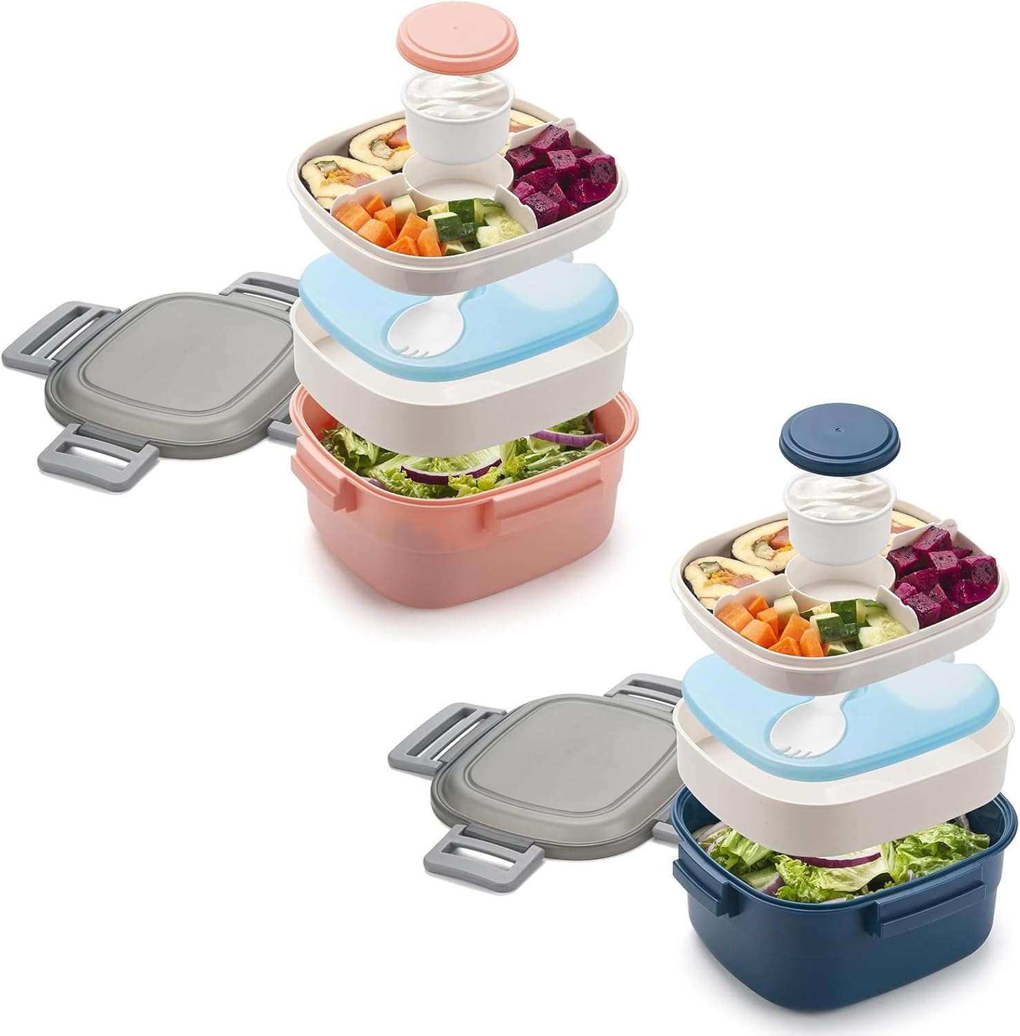 Freshmage Salad Lunch Container To Go, 52-oz Salad Bowls with 3 Compartments, Salad Dressings Container for Salad Toppings, Snacks, Men, Women (Blue+Grey) Ice Pack