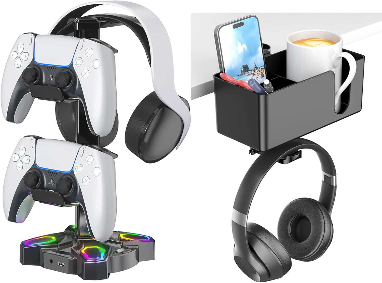 KDD Gaming RGB Headphones Stand & 4 in 1 Desk Cup Holder - Rotatable Headset Stand with 9 Light Modes - Clamp on Under Desk Headphone Hanger