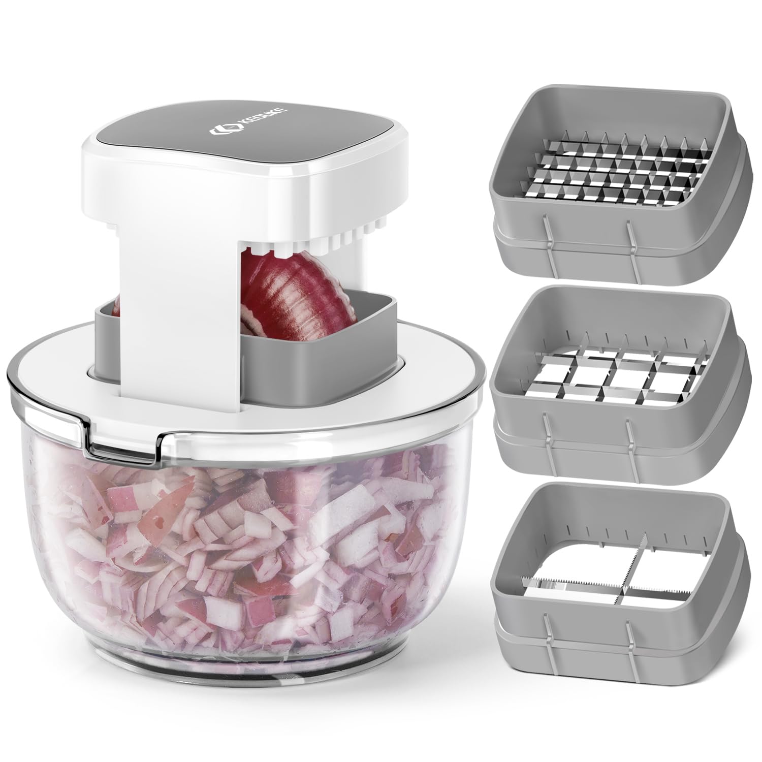 KEOUKE Multifunctional Vegetable Chopper White - 3 Interchangeable Blades Potato French Fry Cutter with Container & Storage Box Food Chopper Dicer for Cucumber, Tomato, Carrot, Onion