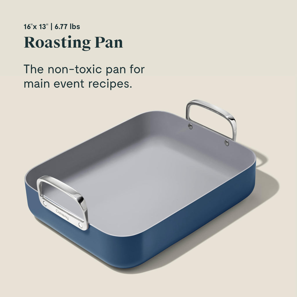 Caraway Roasting Pan - 16x13” Roasting Pan with Rack - Non-Stick Ceramic Coated - Non Toxic, PTFE & PFOA Free - Oven Safe & Compatible with All Stovetops - Cream