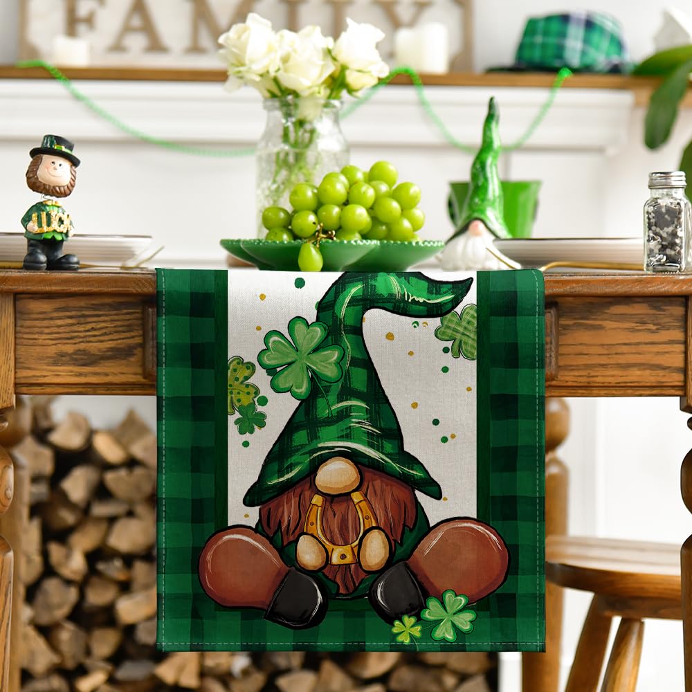 Artoid Mode Buffalo Plaid Shamrock Gnome St. Patrick's Day Table Runner, Seasonal Spring Holiday Kitchen Dining Table Decoration for Indoor Outdoor Home Party Decor 13 x 72 Inch