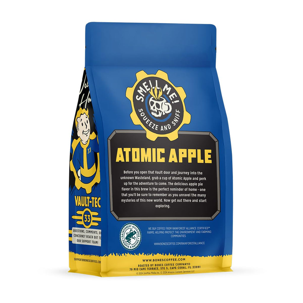 Bones Coffee Company Fallout Rocky Route 66, Rocky Road Flavored Coffee, Medium Roast Low Acid Arabica Beans Compatible with Auto drip and French Press Coffee Maker, 12 Oz Ground