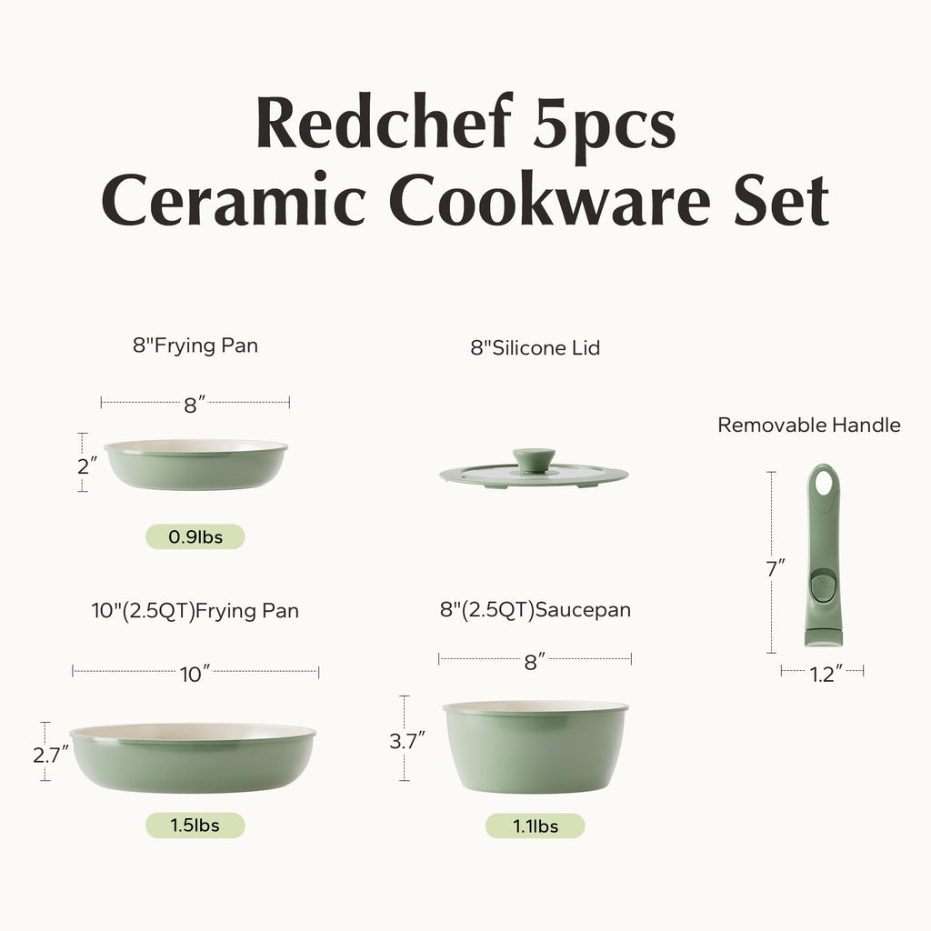 Redchef Ceramic Pots and Pans Set Non Stick, Nonstick Kitchen Cookware Sets, Non Toxic Pots and Pans Set Non Stick, PFAS PFOA & PTFE Free, Detachable Handle Pots and Pans 5 Piece, RV Cookware